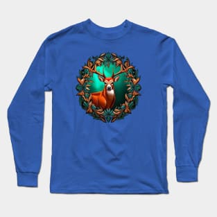 A White Tailed Deer Surrounded By A Wreath Of Mountain Laurel Tattoo Art Long Sleeve T-Shirt